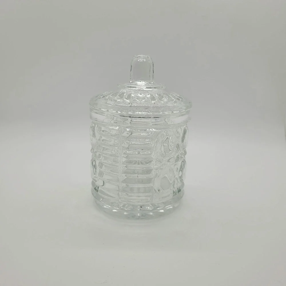 Vintage Federal Glass Pressed Glass Jelly Jar with Lid Diamond Starburst Pattern